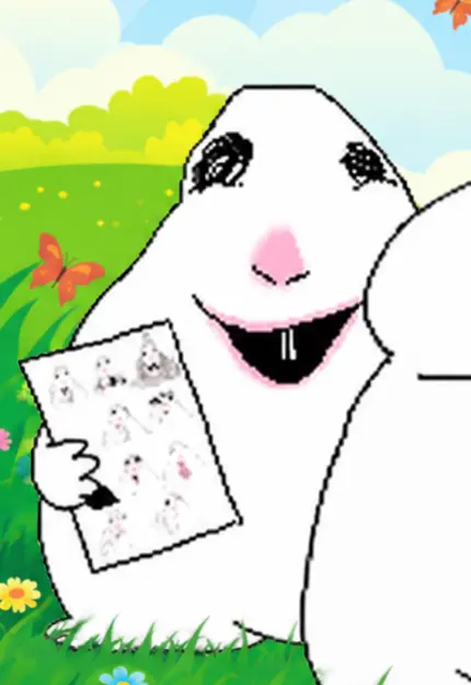 a smiling hamster proudly holding up a sheet of tiny hamster drawings