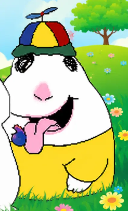 a hamster wearing a rainbow propeller beanie with his tongue out